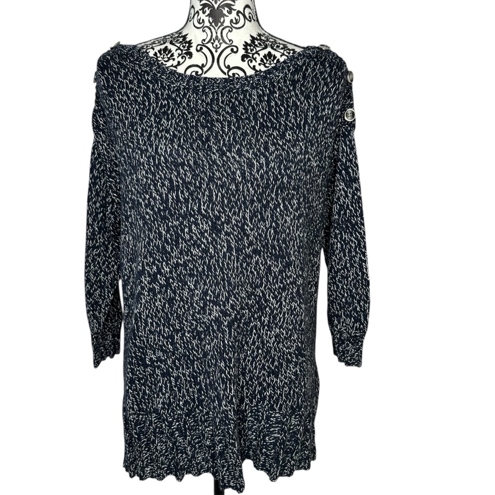 Lucky Brand Isabella Navy and White Sweater w/Buttons on Shoulders 3/4 Sleeves